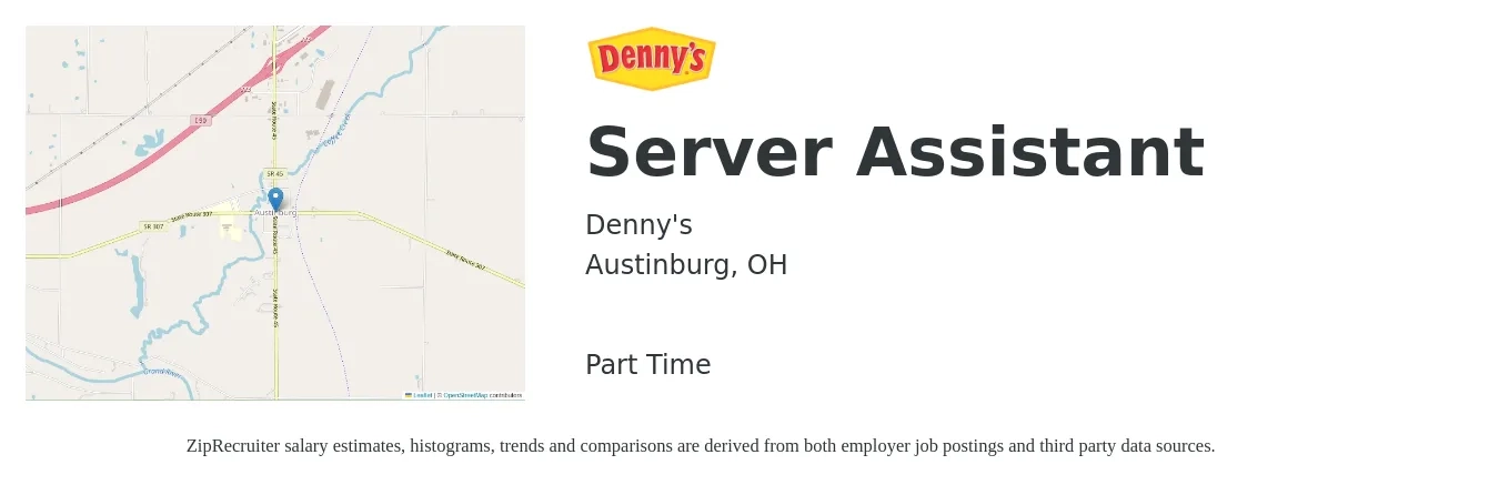 Denny's job posting for a Server Assistant in Austinburg, OH with a salary of $9 to $14 Hourly with a map of Austinburg location.