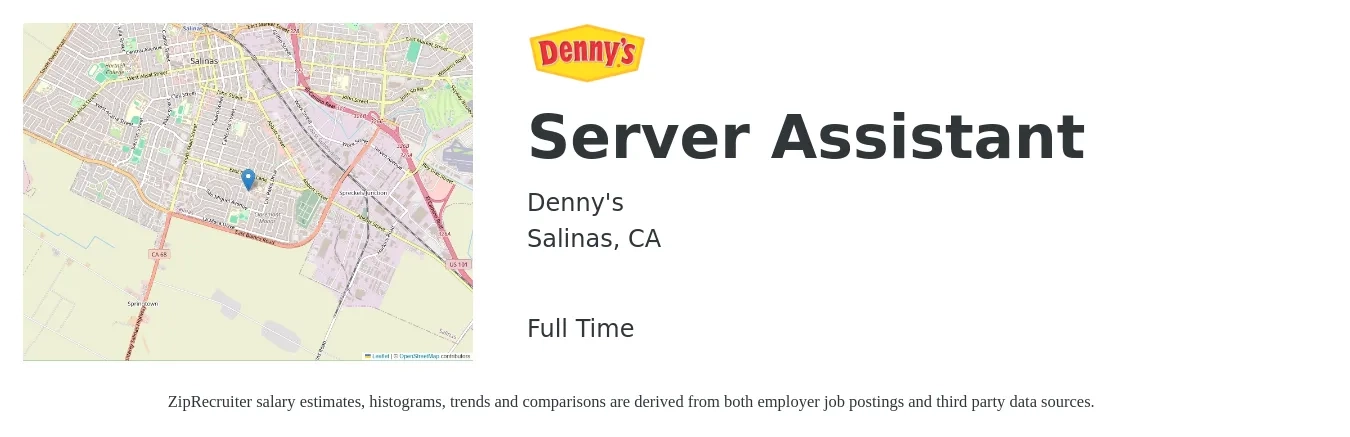 Denny's job posting for a Server Assistant in Salinas, CA with a salary of $11 to $17 Hourly with a map of Salinas location.