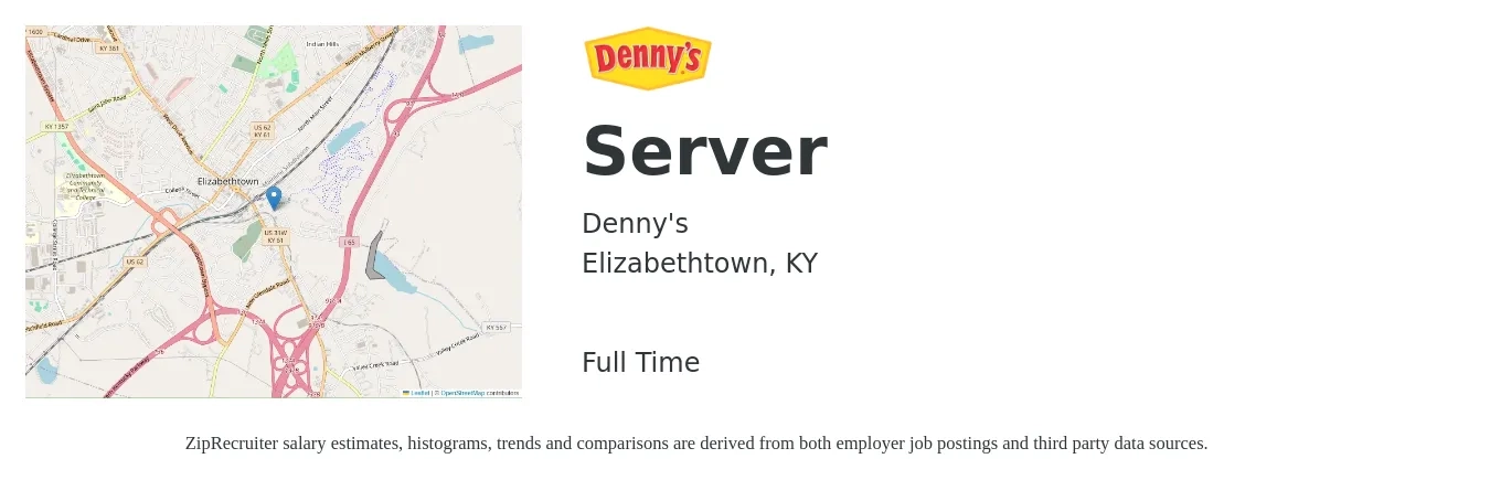 Denny's job posting for a Server in Elizabethtown, KY with a salary of $10 to $16 Hourly with a map of Elizabethtown location.