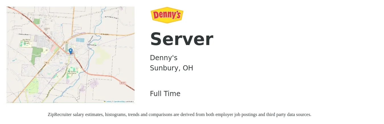 Denny's job posting for a Server in Sunbury, OH with a salary of $10 to $17 Hourly with a map of Sunbury location.