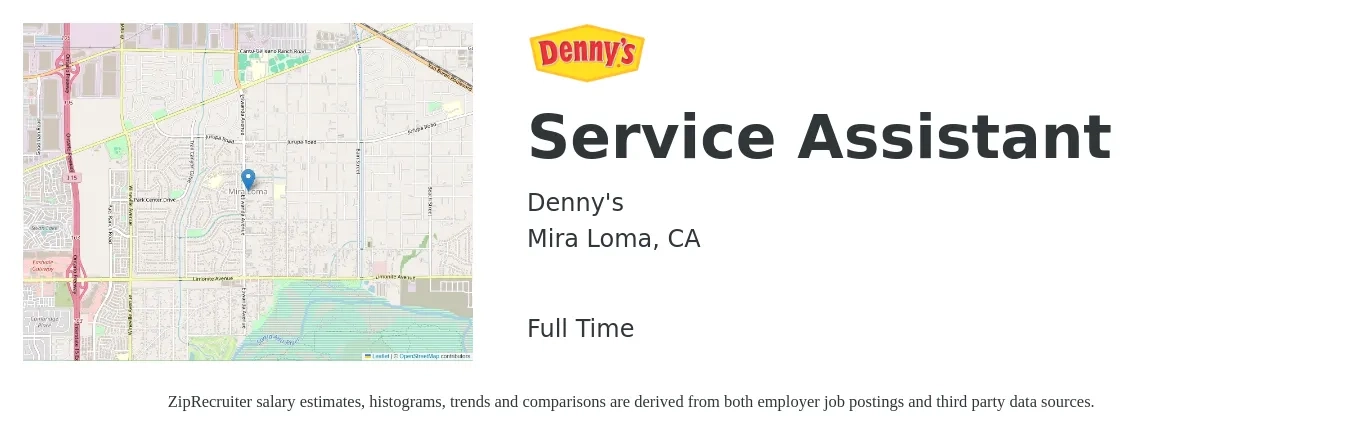 Denny's job posting for a Service Assistant in Mira Loma, CA with a salary of $15 to $20 Hourly with a map of Mira Loma location.