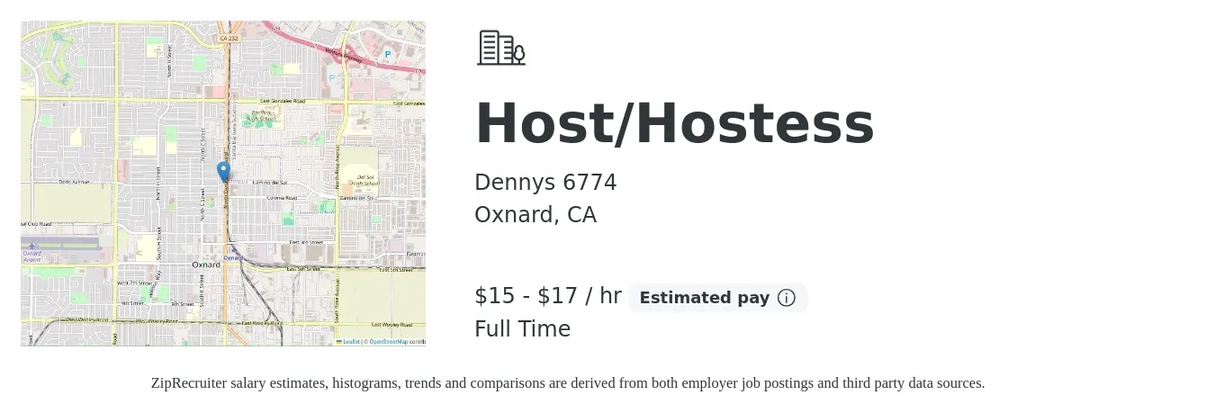 Dennys 6774 job posting for a Host/Hostess in Oxnard, CA with a salary of $13 to $18 Hourly with a map of Oxnard location.