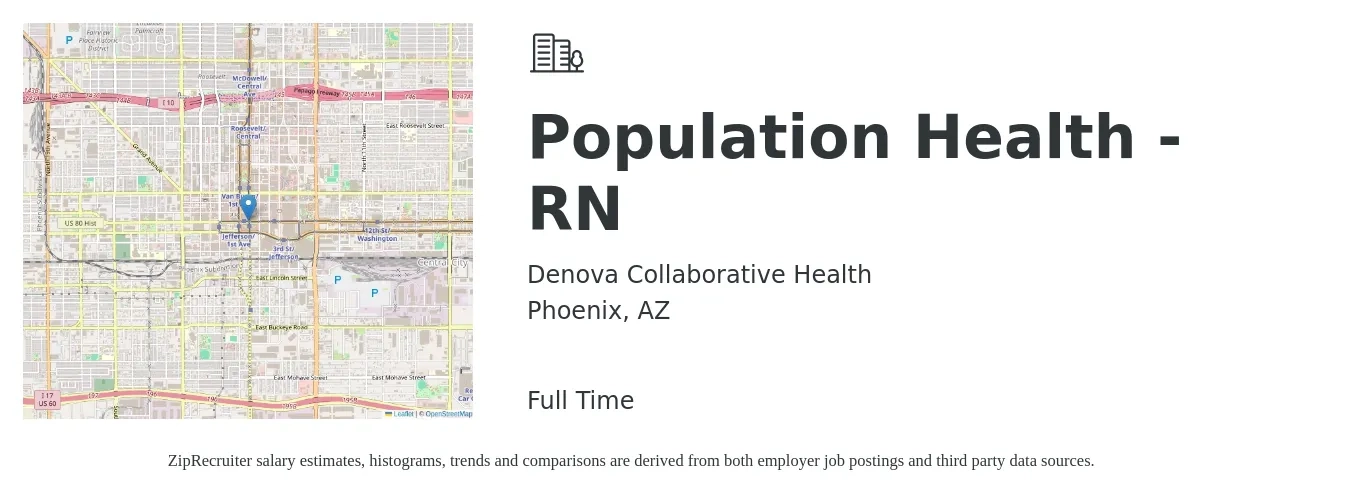 Denova Collaborative Health job posting for a Population Health - RN in Phoenix, AZ with a salary of $34 to $52 Hourly with a map of Phoenix location.