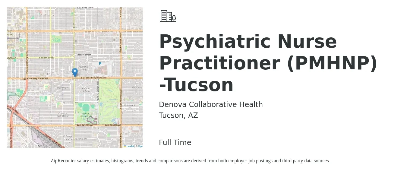 Denova Collaborative Health job posting for a Psychiatric Nurse Practitioner (PMHNP) -Tucson in Tucson, AZ with a salary of $92,800 to $129,000 Yearly with a map of Tucson location.
