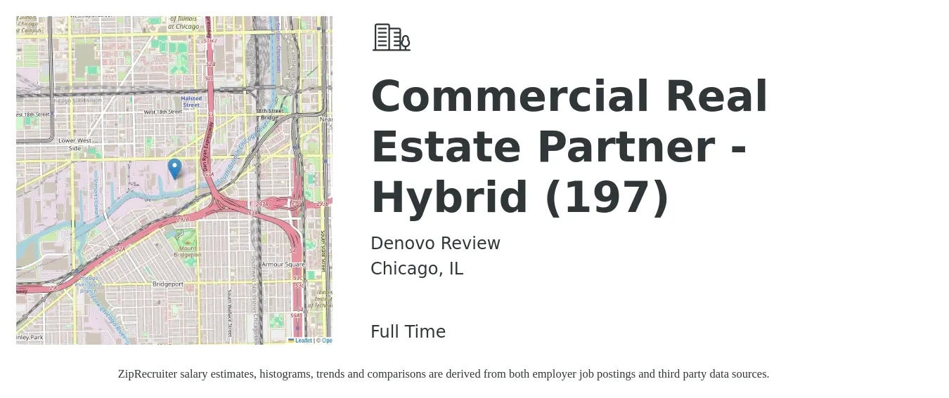 Denovo Review job posting for a Commercial Real Estate Partner - Hybrid (197) in Chicago, IL with a salary of $84,000 to $123,600 Yearly with a map of Chicago location.