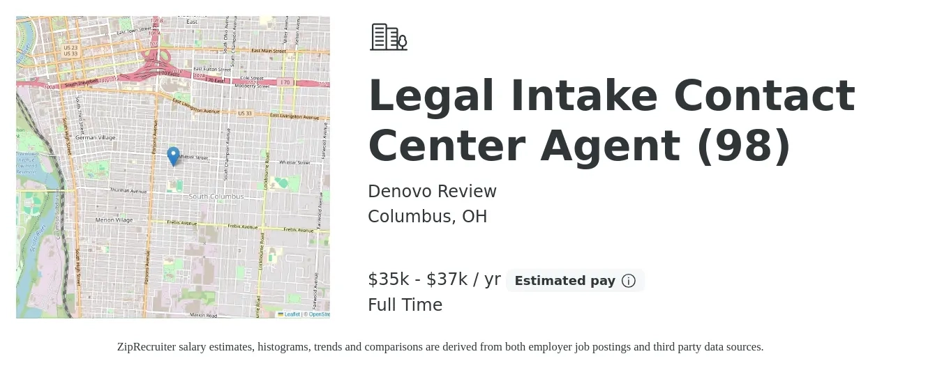 Denovo Review job posting for a Legal Intake Contact Center Agent (98) in Columbus, OH with a salary of $35,000 to $37,000 Yearly with a map of Columbus location.