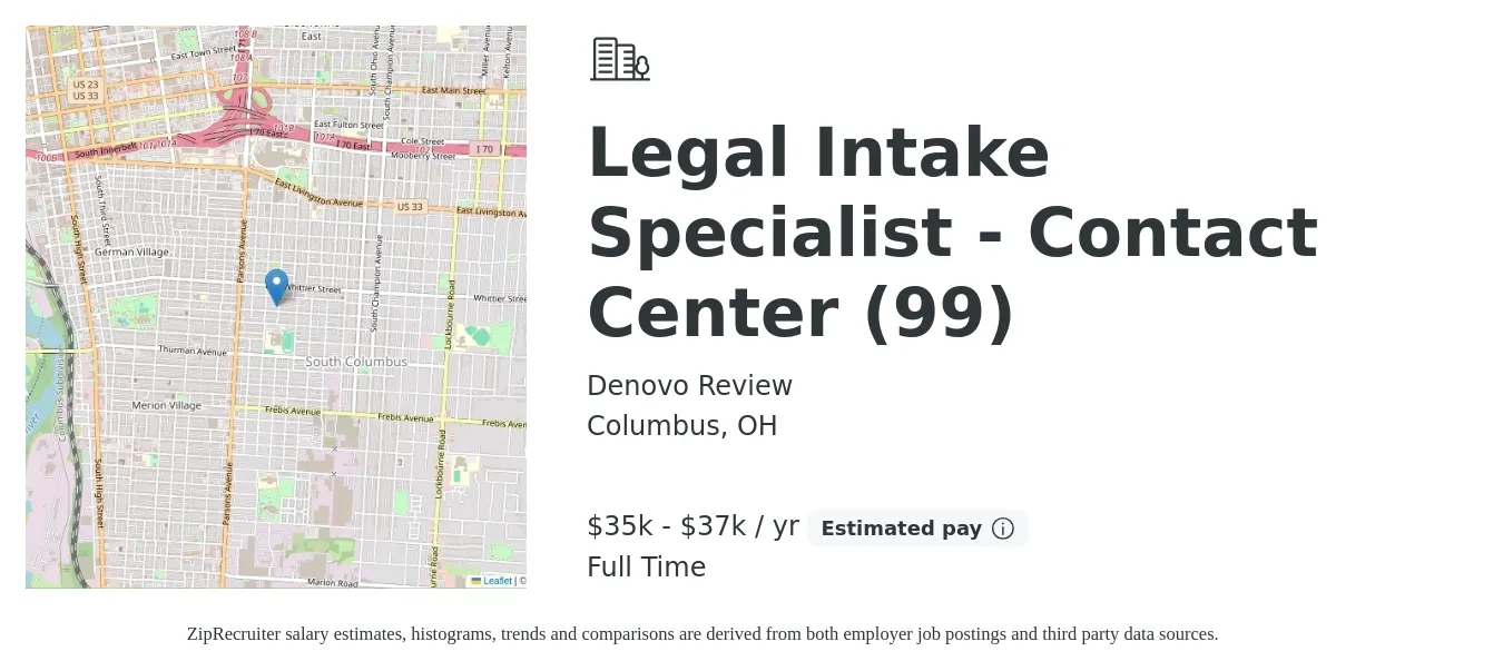 Denovo Review job posting for a Legal Intake Specialist - Contact Center (99) in Columbus, OH with a salary of $35,000 to $37,000 Yearly with a map of Columbus location.