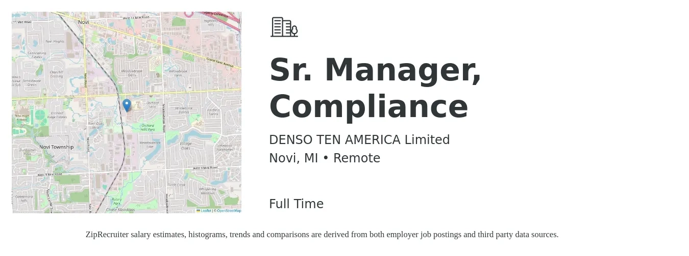 DENSO TEN AMERICA Limited job posting for a Sr. Manager, Compliance in Novi, MI with a salary of $65,700 to $109,300 Yearly with a map of Novi location.