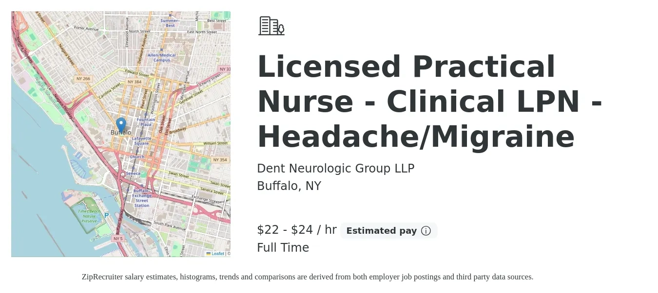 Dent Neurologic Group LLP job posting for a Licensed Practical Nurse - Clinical LPN - Headache/Migraine in Buffalo, NY with a salary of $23 to $26 Hourly with a map of Buffalo location.