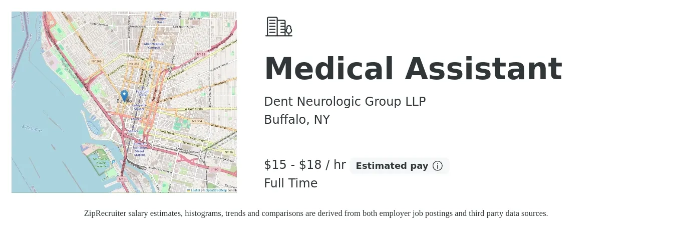 Dent Neurologic Group LLP job posting for a Medical Assistant in Buffalo, NY with a salary of $16 to $19 Hourly with a map of Buffalo location.
