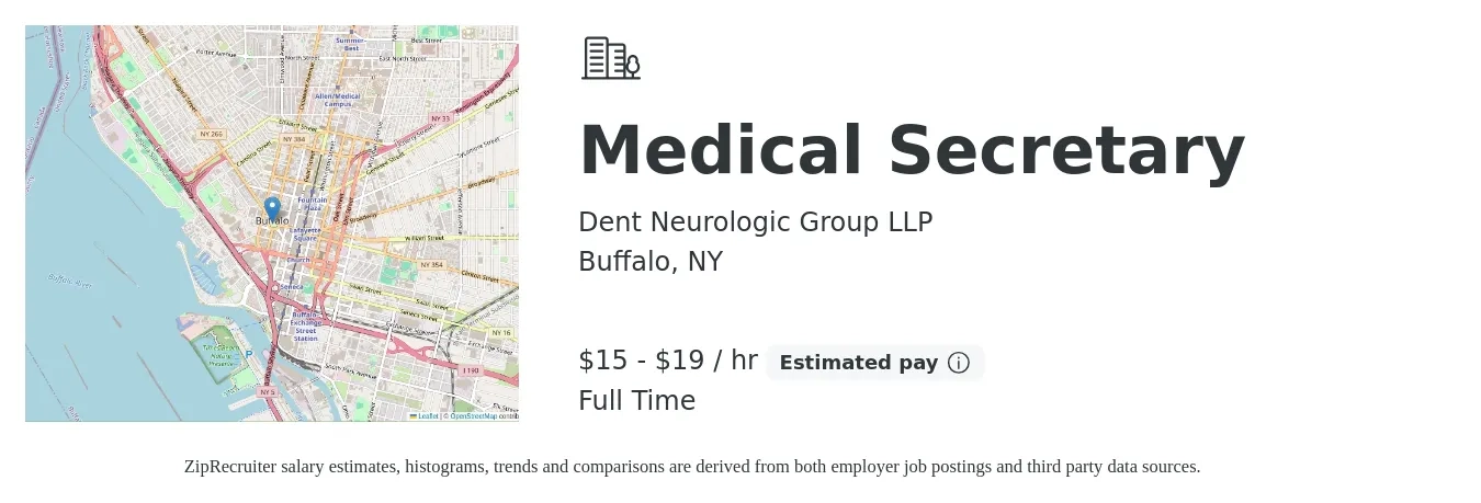 Dent Neurologic Group LLP job posting for a Medical Secretary in Buffalo, NY with a salary of $16 to $20 Hourly with a map of Buffalo location.