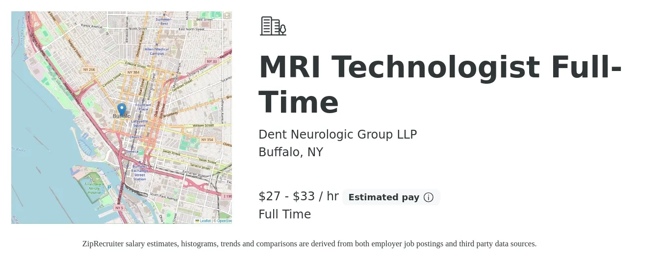 Dent Neurologic Group LLP job posting for a MRI Technologist Full-Time in Buffalo, NY with a salary of $29 to $34 Hourly with a map of Buffalo location.