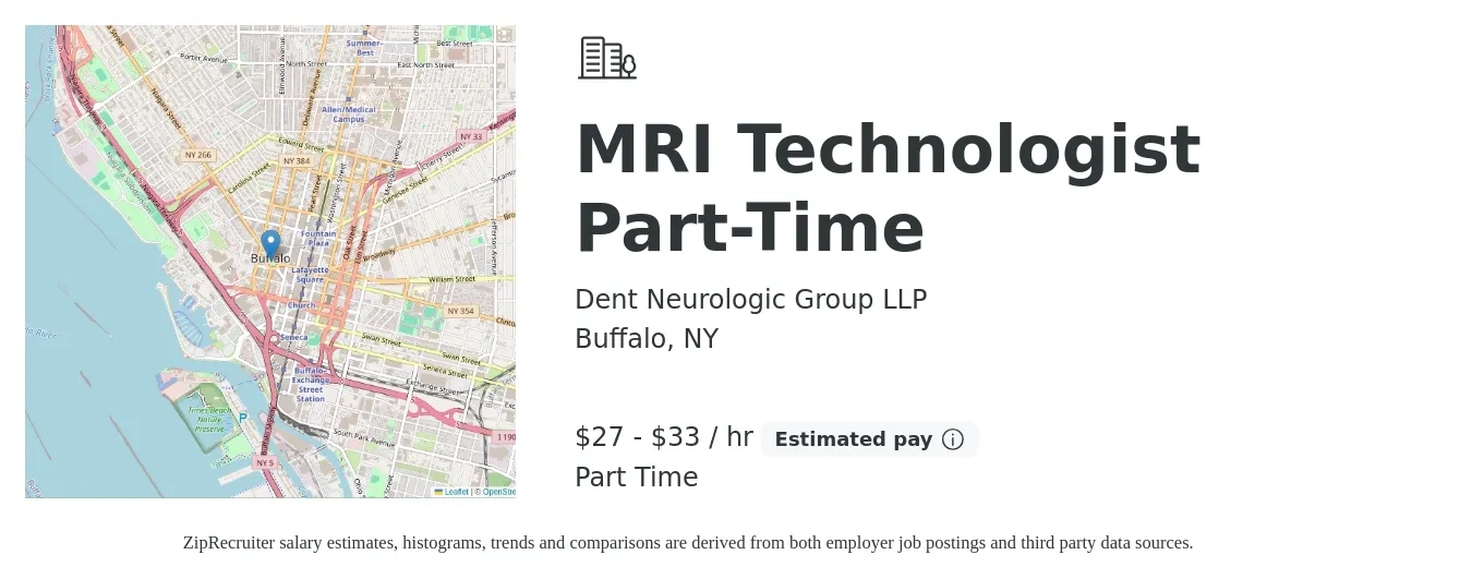 Dent Neurologic Group LLP job posting for a MRI Technologist Part-Time in Buffalo, NY with a salary of $29 to $34 Hourly with a map of Buffalo location.