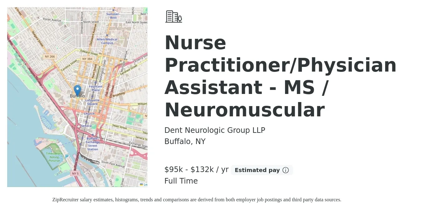 Dent Neurologic Group LLP job posting for a Nurse Practitioner/Physician Assistant - MS / Neuromuscular in Buffalo, NY with a salary of $95,000 to $132,000 Yearly with a map of Buffalo location.
