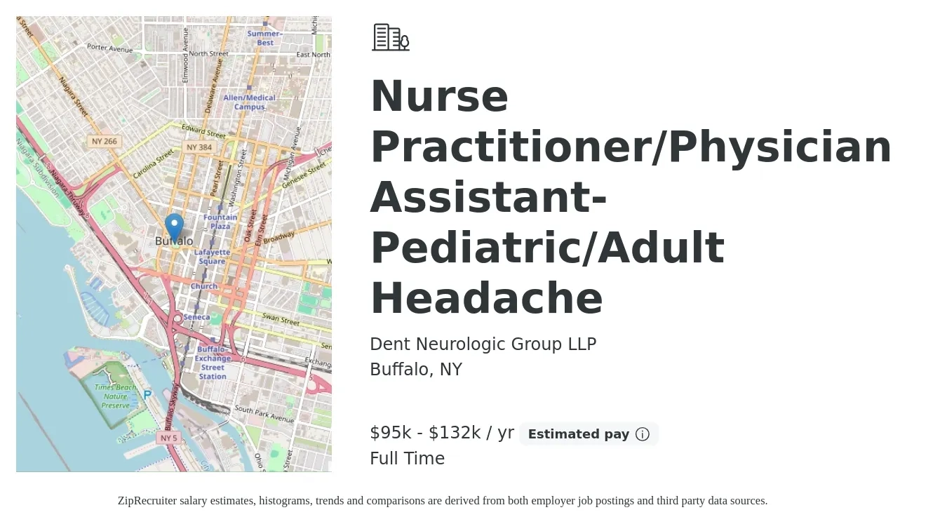 Dent Neurologic Group LLP job posting for a Nurse Practitioner/Physician Assistant- Pediatric/Adult Headache in Buffalo, NY with a salary of $95,000 to $132,000 Yearly with a map of Buffalo location.