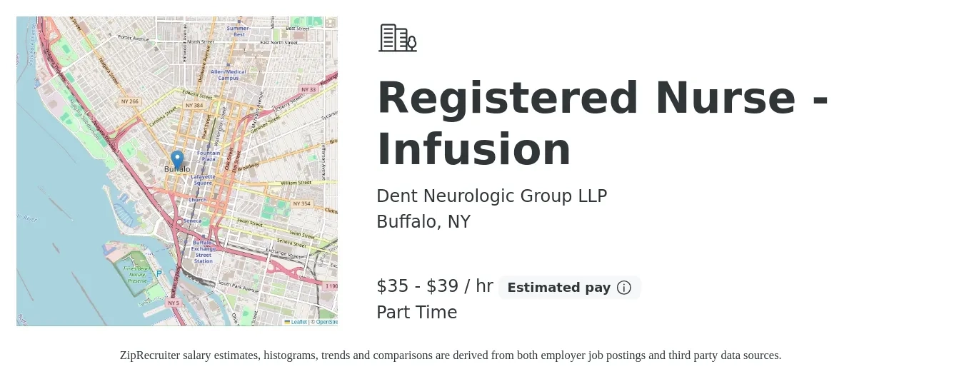 Dent Neurologic Group LLP job posting for a Registered Nurse - Infusion in Buffalo, NY with a salary of $37 to $41 Hourly with a map of Buffalo location.