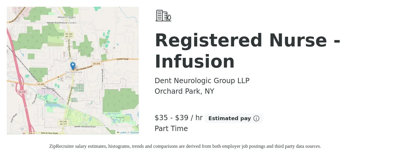 Dent Neurologic Group LLP job posting for a Registered Nurse - Infusion in Orchard Park, NY with a salary of $37 to $41 Hourly with a map of Orchard Park location.