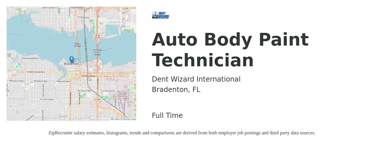 Dent Wizard International job posting for a Auto Body Paint Technician in Bradenton, FL with a salary of $60,000 to $80,000 Yearly with a map of Bradenton location.