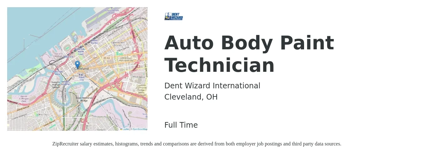 Dent Wizard International job posting for a Auto Body Paint Technician in Cleveland, OH with a salary of $60,000 to $80,000 Yearly with a map of Cleveland location.