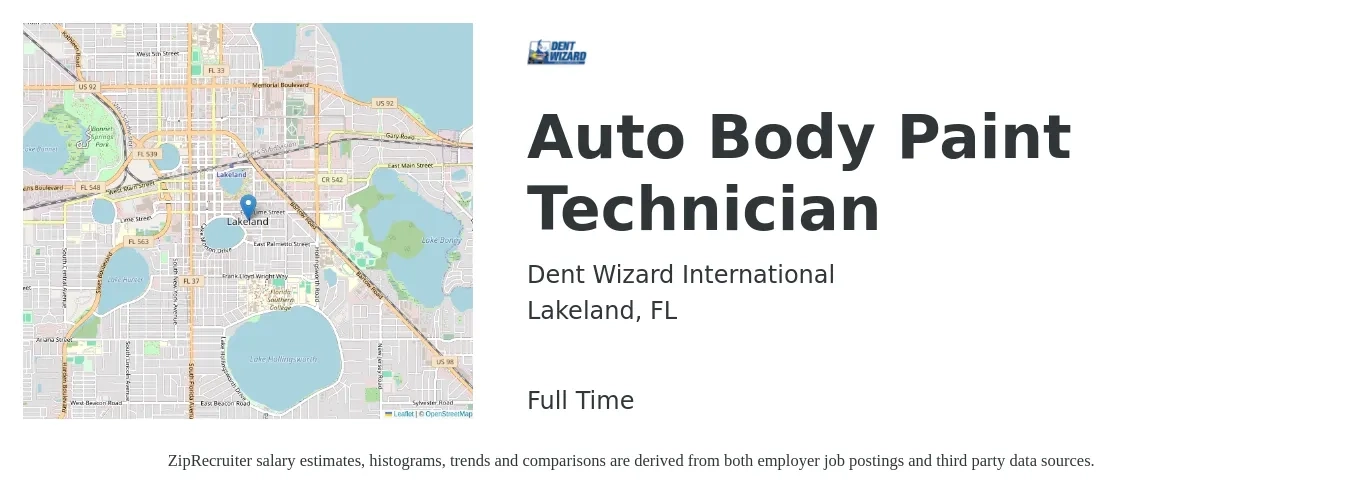 Dent Wizard International job posting for a Auto Body Paint Technician in Lakeland, FL with a salary of $50,000 to $60,000 Yearly with a map of Lakeland location.