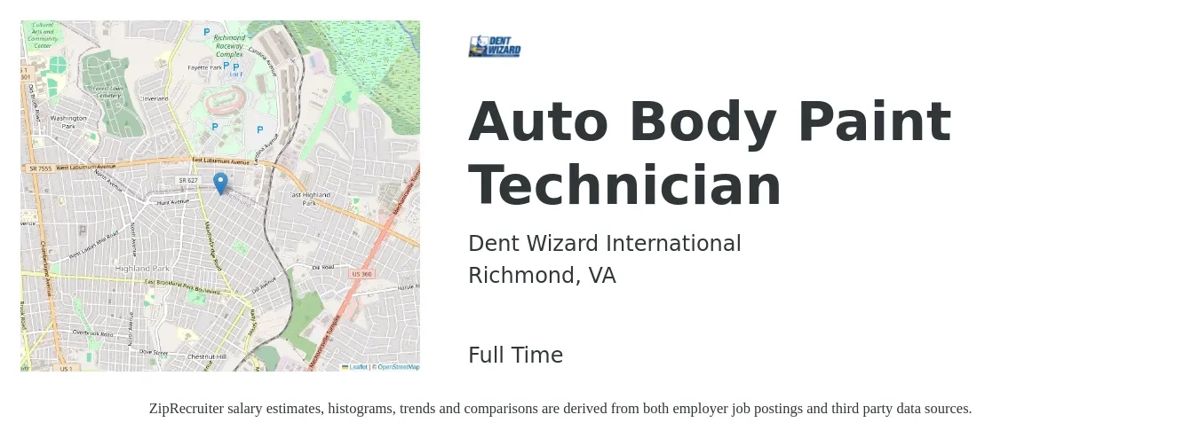 Dent Wizard International job posting for a Auto Body Paint Technician in Richmond, VA with a salary of $50,000 to $60,000 Yearly with a map of Richmond location.