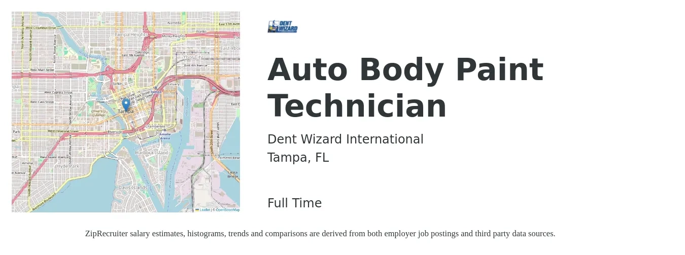 Dent Wizard International job posting for a Auto Body Paint Technician in Tampa, FL with a salary of $50,000 to $60,000 Yearly with a map of Tampa location.