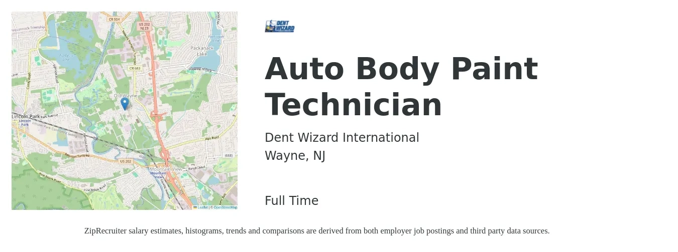 Dent Wizard International job posting for a Auto Body Paint Technician in Wayne, NJ with a salary of $60,000 to $80,000 Yearly with a map of Wayne location.