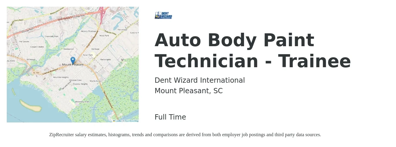 Dent Wizard International job posting for a Auto Body Paint Technician - Trainee in Mount Pleasant, SC with a salary of $55,000 to $75,000 Yearly with a map of Mount Pleasant location.