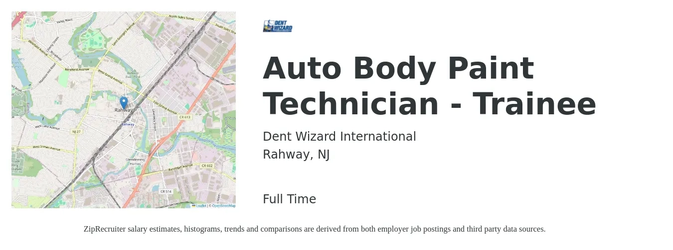 Dent Wizard International job posting for a Auto Body Paint Technician - Trainee in Rahway, NJ with a salary of $60,000 to $75,000 Yearly with a map of Rahway location.