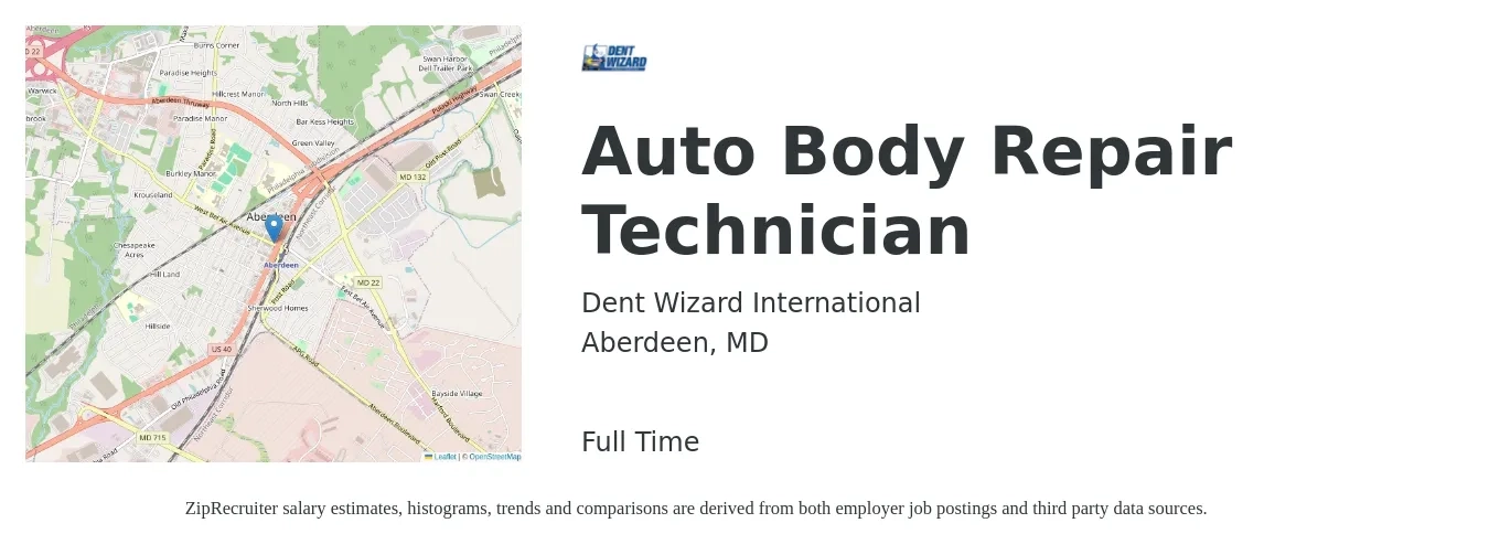 Dent Wizard International job posting for a Auto Body Repair Technician in Aberdeen, MD with a salary of $65,000 to $75,000 Yearly with a map of Aberdeen location.