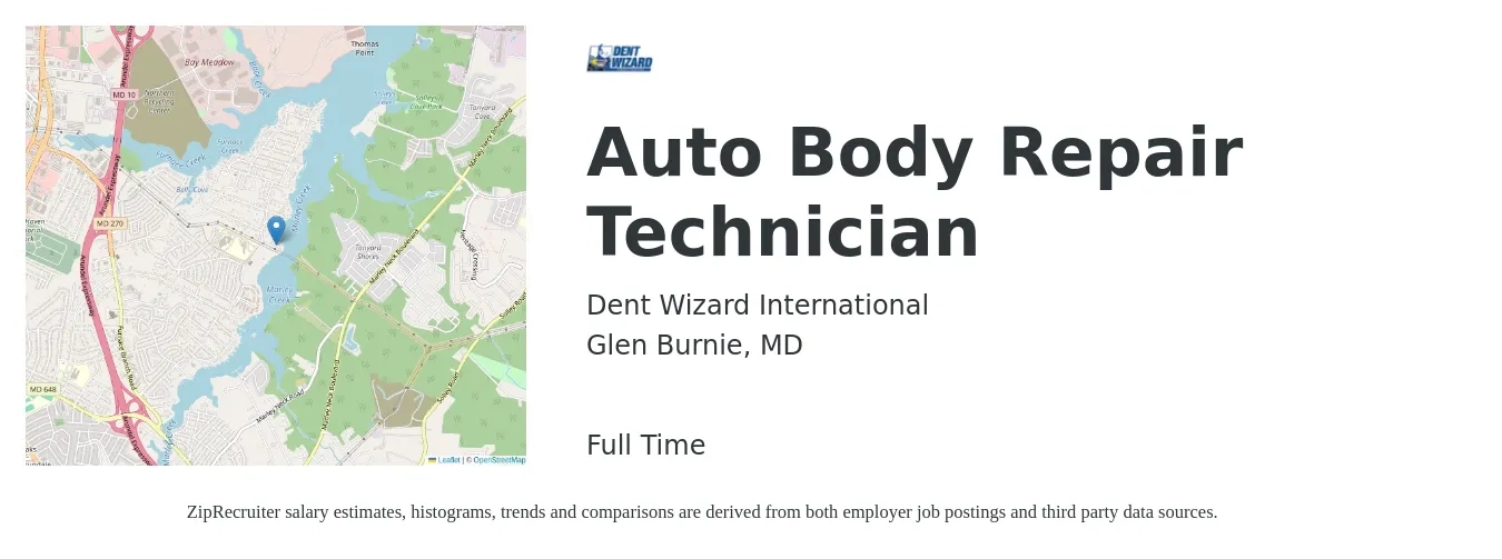 Dent Wizard International job posting for a Auto Body Repair Technician in Glen Burnie, MD with a salary of $65,000 to $75,000 Yearly with a map of Glen Burnie location.