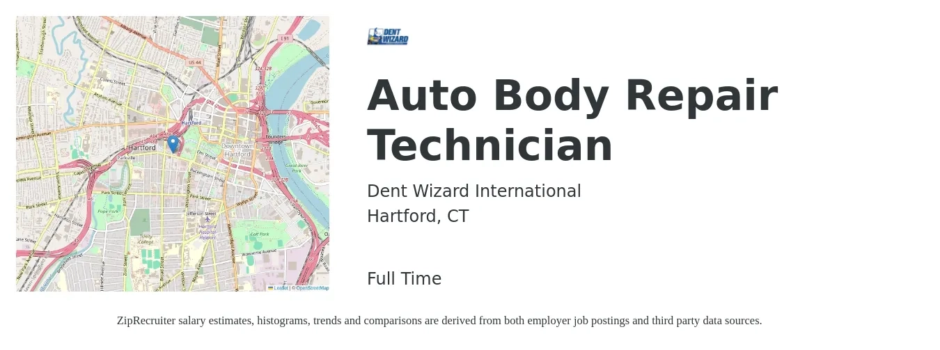 Dent Wizard International job posting for a Auto Body Repair Technician in Hartford, CT with a salary of $60,000 to $80,000 Yearly with a map of Hartford location.