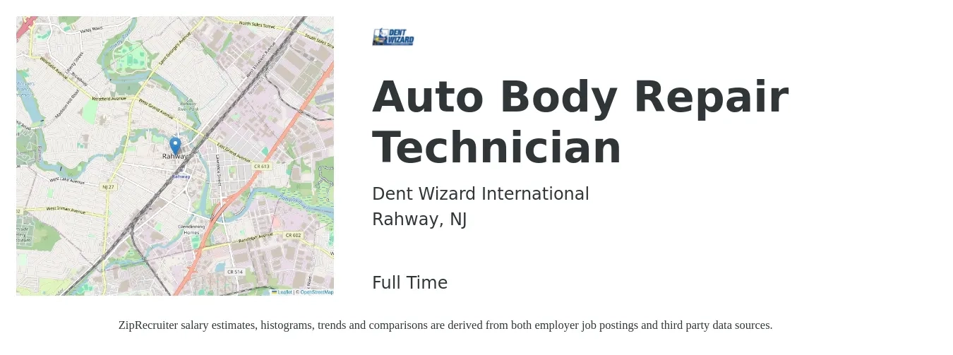 Dent Wizard International job posting for a Auto Body Repair Technician in Rahway, NJ with a salary of $60,000 to $75,000 Yearly with a map of Rahway location.