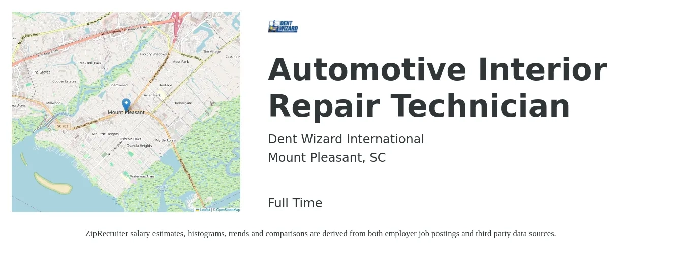Dent Wizard International job posting for a Automotive Interior Repair Technician in Mount Pleasant, SC with a salary of $50,000 to $60,000 Yearly with a map of Mount Pleasant location.