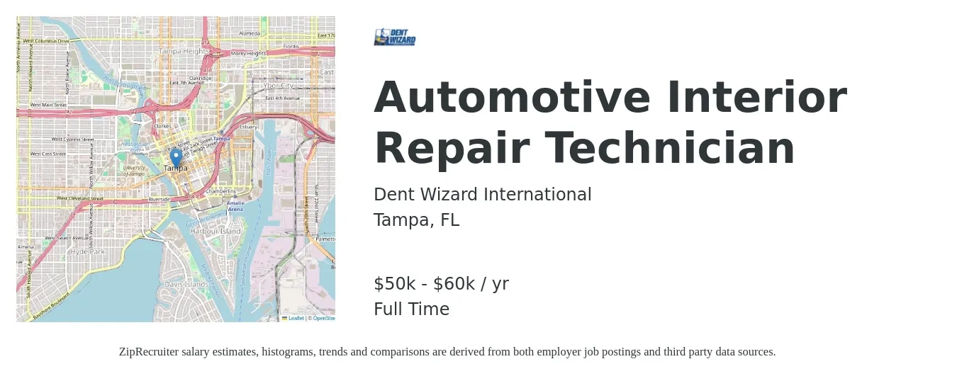 Dent Wizard International job posting for a Automotive Interior Repair Technician in Tampa, FL with a salary of $50,000 to $60,000 Yearly with a map of Tampa location.