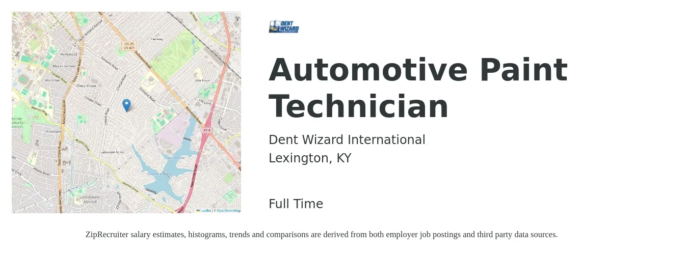Dent Wizard International job posting for a Automotive Paint Technician in Lexington, KY with a salary of $45,000 to $60,000 Yearly with a map of Lexington location.
