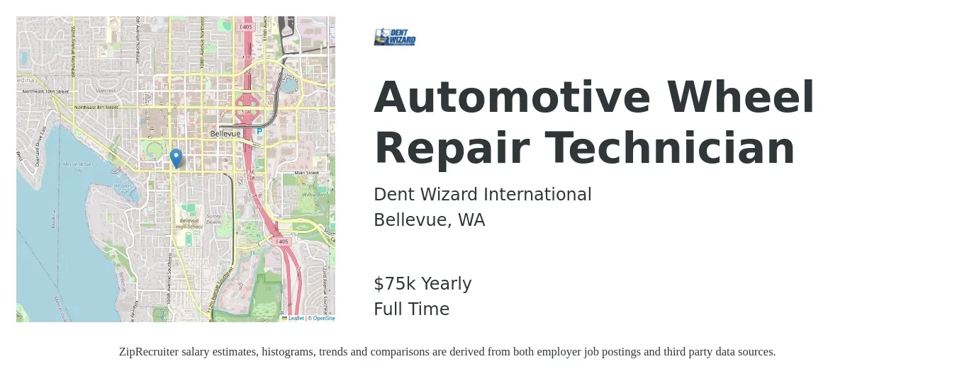 Dent Wizard International job posting for a Automotive Wheel Repair Technician in Bellevue, WA with a salary of $75,000 Yearly with a map of Bellevue location.