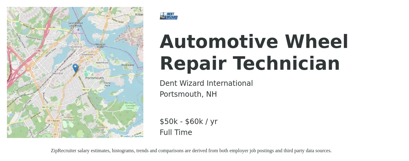 Dent Wizard International job posting for a Automotive Wheel Repair Technician in Portsmouth, NH with a salary of $50,000 to $60,000 Yearly with a map of Portsmouth location.