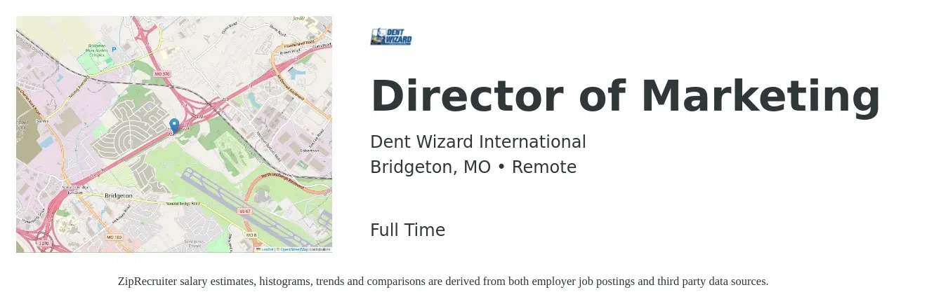 Dent Wizard International job posting for a Director of Marketing in Bridgeton, MO with a salary of $67,900 to $124,900 Yearly with a map of Bridgeton location.