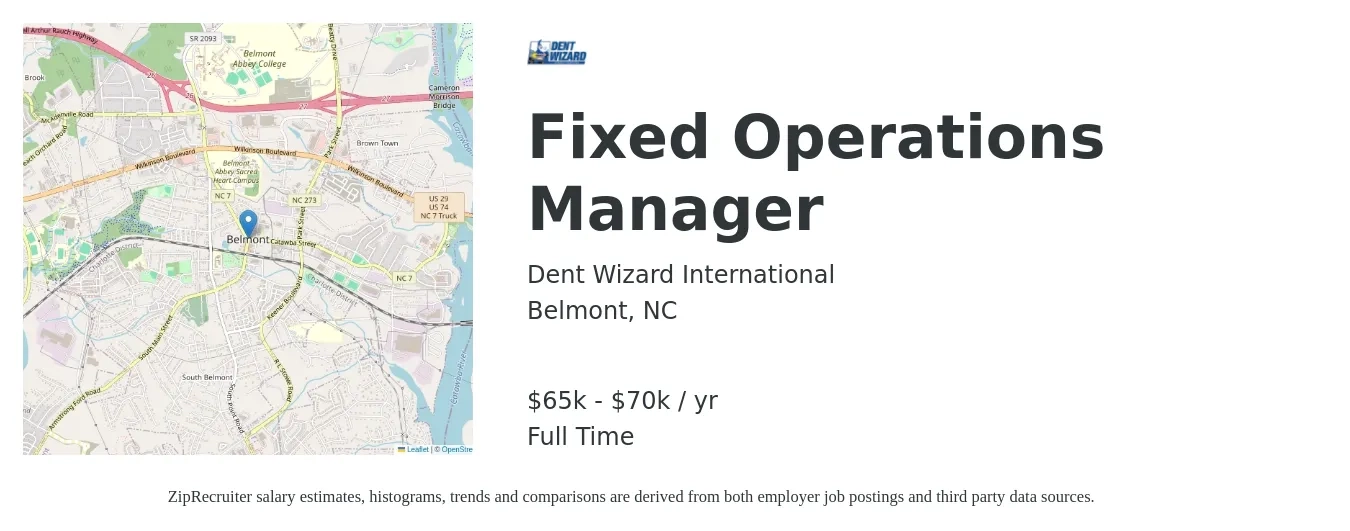 Dent Wizard International job posting for a Fixed Operations Manager in Belmont, NC with a salary of $65,000 to $70,000 Yearly with a map of Belmont location.