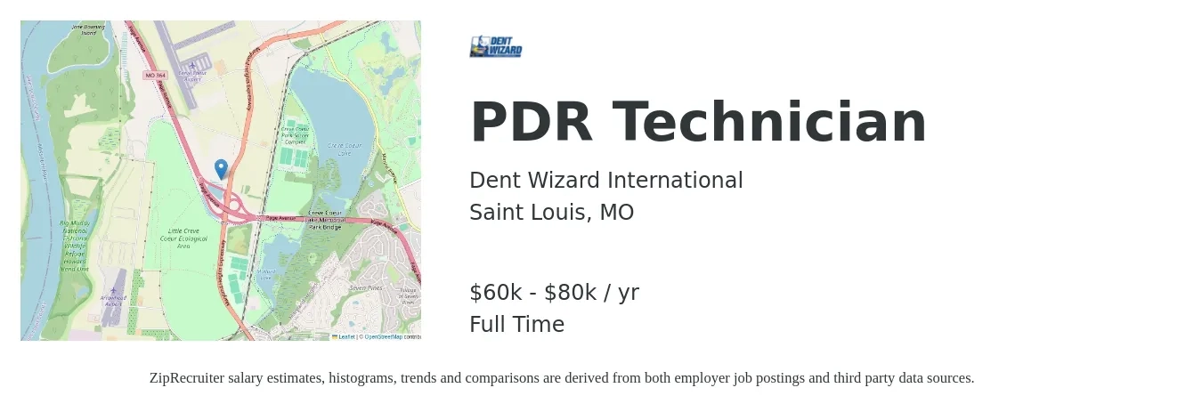 Dent Wizard International job posting for a PDR Technician in Saint Louis, MO with a salary of $60,000 to $80,000 Yearly with a map of Saint Louis location.