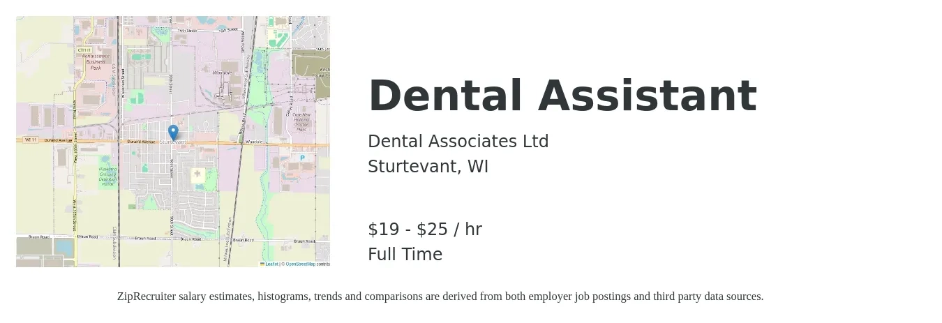 Dental Associates Ltd job posting for a Dental Assistant in Sturtevant, WI with a salary of $20 to $26 Hourly with a map of Sturtevant location.