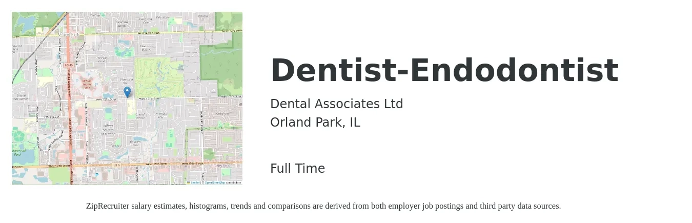 Dental Associates Ltd job posting for a Dentist-Endodontist in Orland Park, IL with a map of Orland Park location.