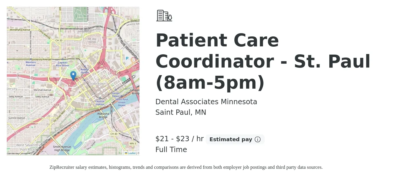 Dental Associates Minnesota job posting for a Patient Care Coordinator - St. Paul (8am-5pm) in Saint Paul, MN with a salary of $22 to $24 Hourly with a map of Saint Paul location.