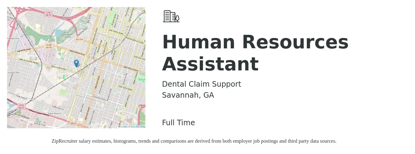 Dental Claim Support job posting for a Human Resources Assistant in Savannah, GA with a salary of $40,000 Yearly with a map of Savannah location.