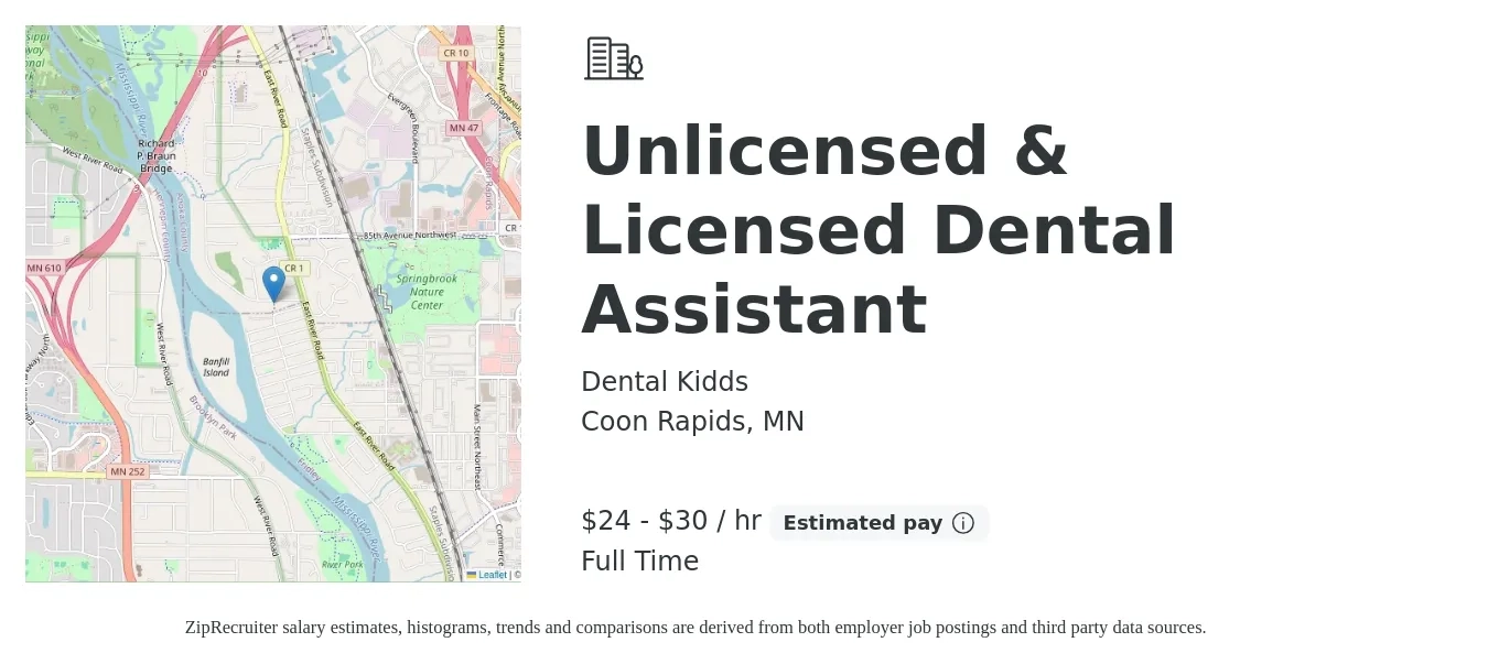Dental Kidds job posting for a Unlicensed & Licensed Dental Assistant in Coon Rapids, MN with a salary of $26 to $32 Hourly with a map of Coon Rapids location.