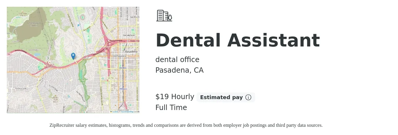 dental office job posting for a Dental Assistant in Pasadena, CA with a salary of $20 Hourly with a map of Pasadena location.