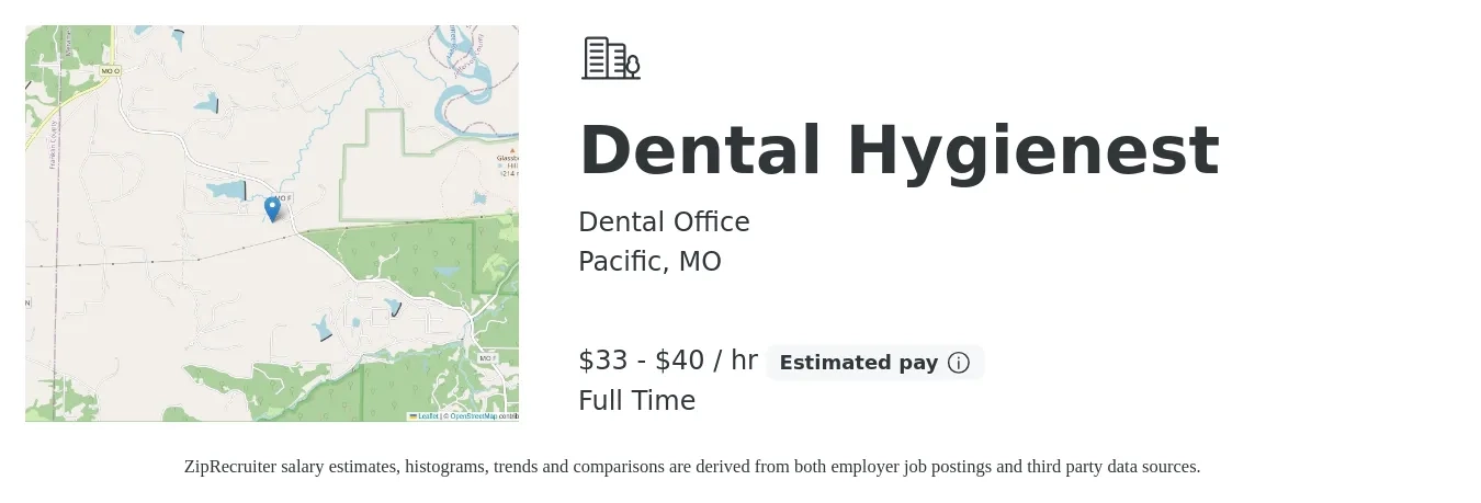 Dental Office job posting for a Dental Hygienest in Pacific, MO with a salary of $35 to $42 Hourly and benefits including pto with a map of Pacific location.