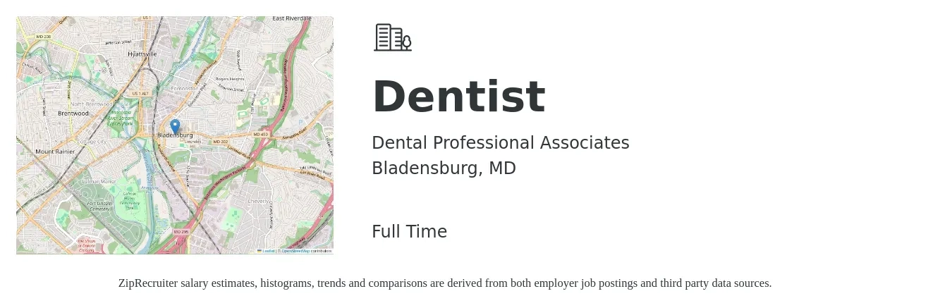 Dental Professional Associates job posting for a Dentist in Bladensburg, MD with a salary of $700 Daily with a map of Bladensburg location.