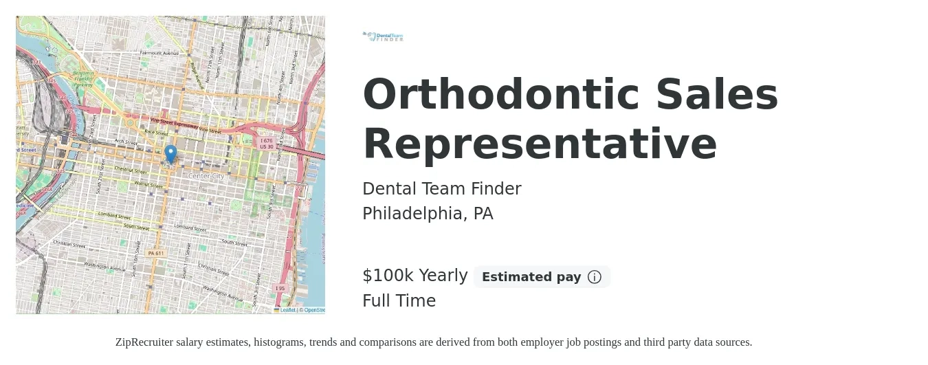 Dental Team Finder job posting for a Orthodontic Sales Representative in Philadelphia, PA with a salary of $100,000 Yearly with a map of Philadelphia location.